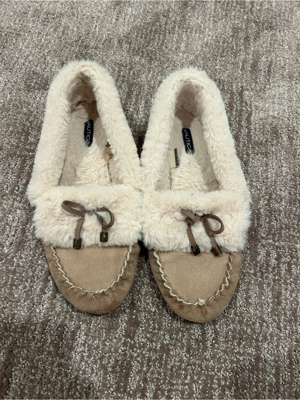 Nautica Taupe Suede Faux-Fur Moccasin Slippers